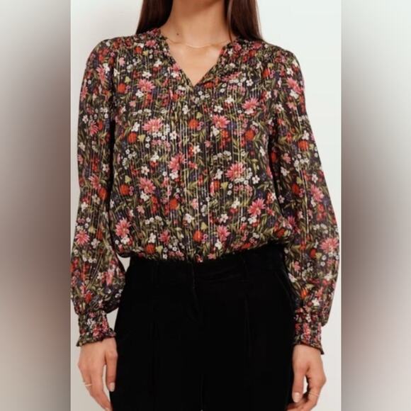 NWOT Old Navy Smocked Floral Metallic Shine Peasant Blouse in Black Multi SZ M - Picture 2 of 12
